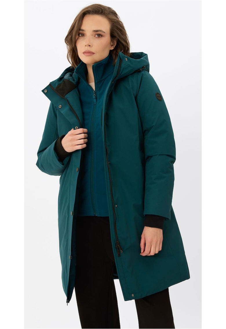 Geaca de iarna impermeabila lunga - dama - cu gluga - fermoar bidirectional - J-Isla - turcoaz