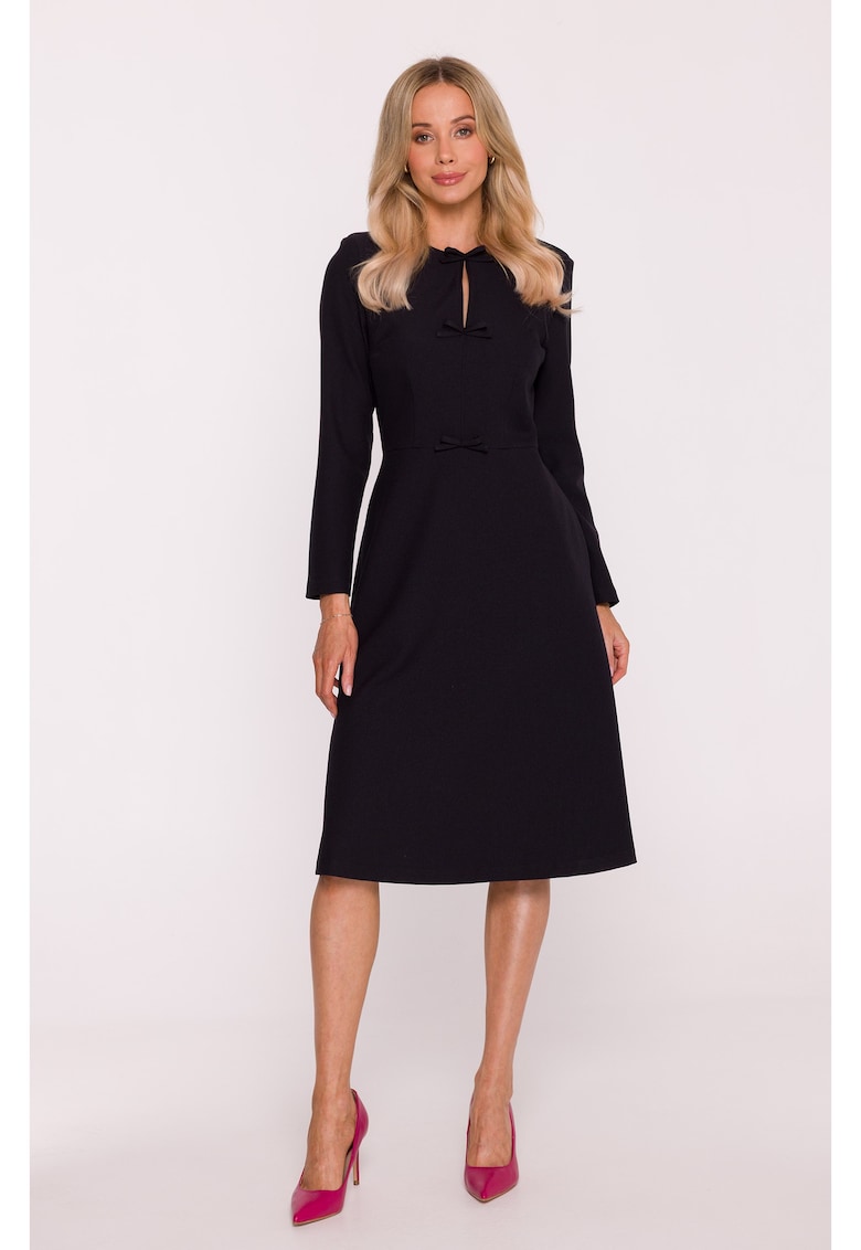 Rochie midi - S413 neagra decolteu rotund - maneci lungi - funde decorative - buzunare laterale - fermoar la spate - zi cu zi
