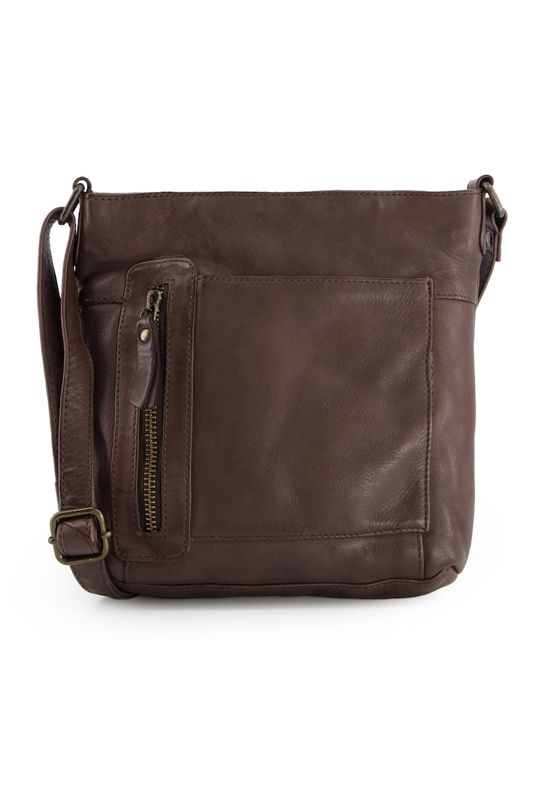 Geanta crossbody din piele naturala - maro - 21x19x6cm - 5 buzunare - curea max 145cm