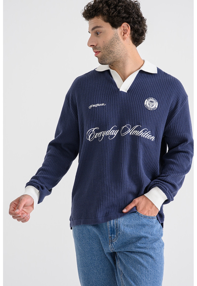 Bluza polo striata cu text brodat