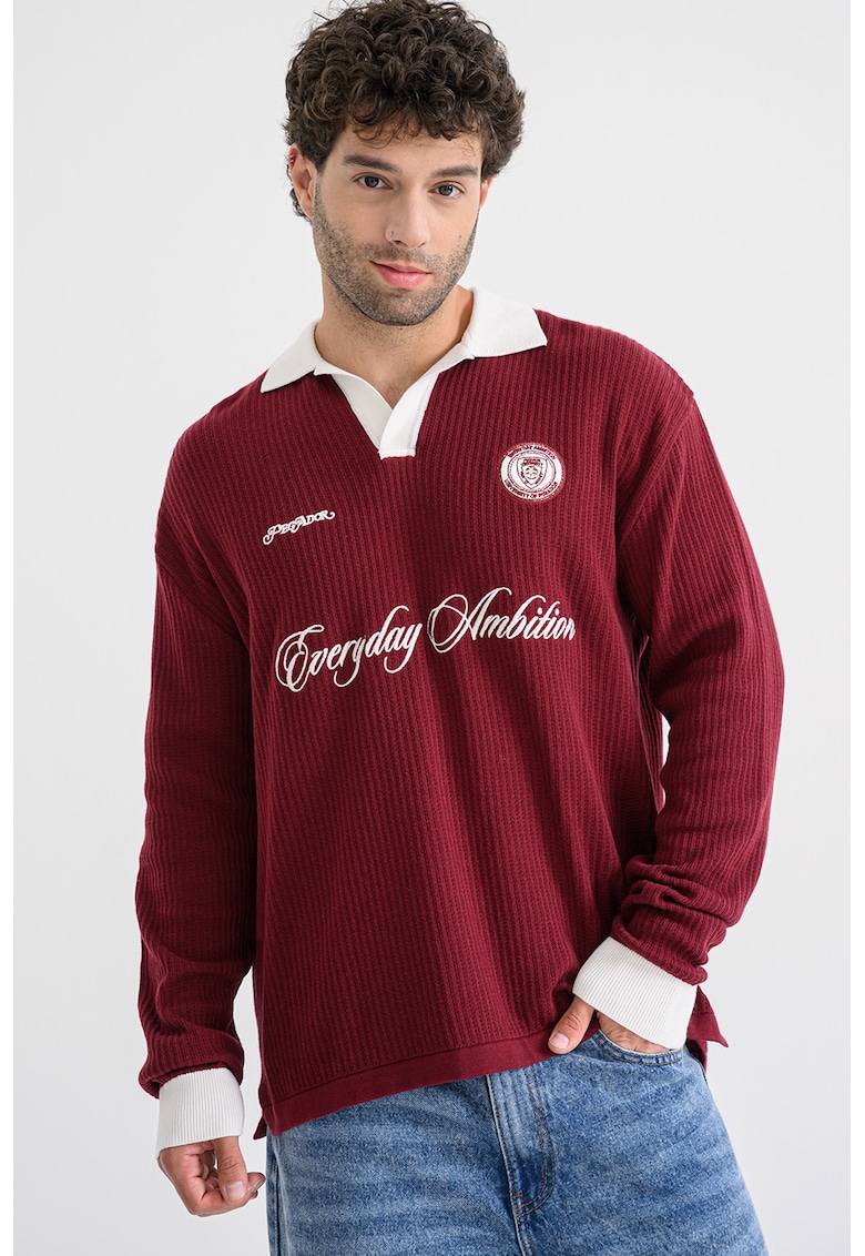 Bluza polo striata cu text brodat