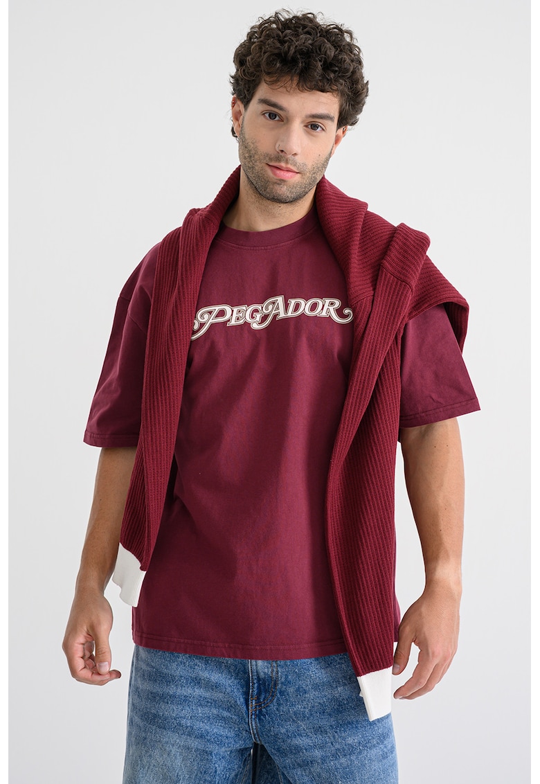 Tricou din bumbac cu imprimeu logo si maneci cazute - Rosu stins