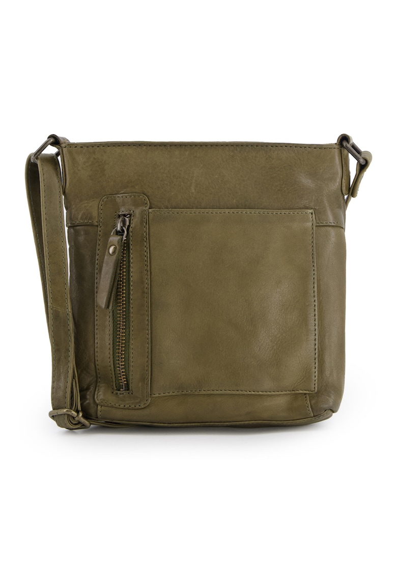 Geanta crossbody din piele naturala verde - 21x19x6cm - 5 buzunare - curea max 145cm