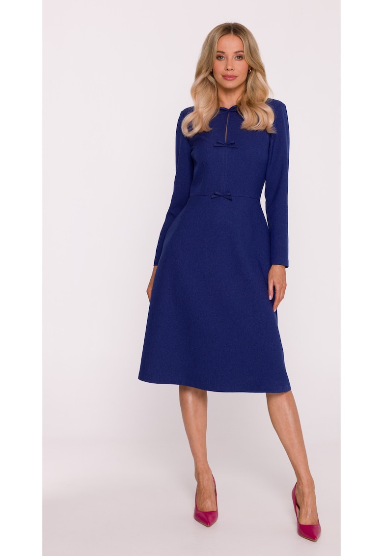 Rochie midi - S413 neagra decolteu rotund - maneci lungi - funde decorative - buzunare laterale - fermoar la spate - zi cu zi - Albastru