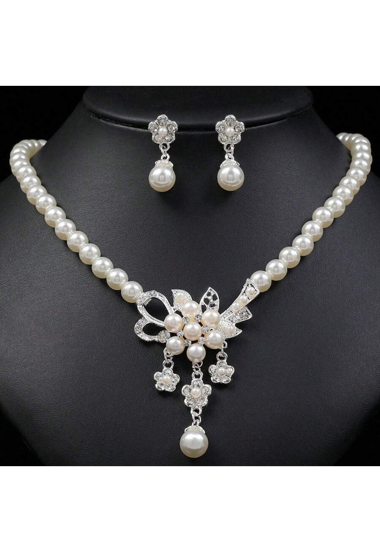 Set colier si cercei - argintiu - cu perle si pietre - Delicia C12