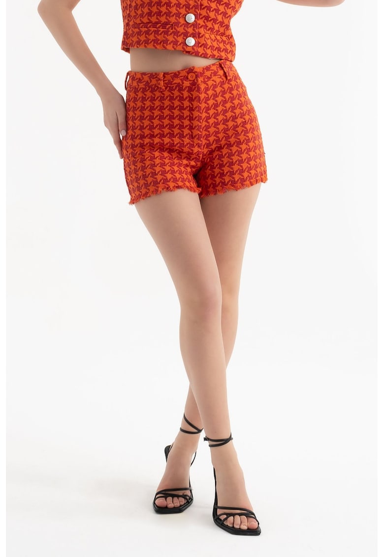 Pantaloni scurti - din tweed - talie inalta - portocalii - textil