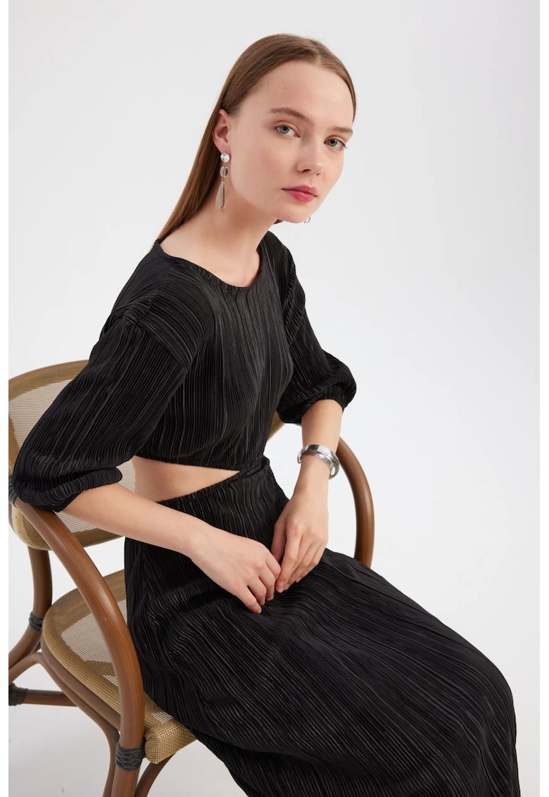 Rochie maxi - maneca lunga - decolteu rotund - negru - poliester