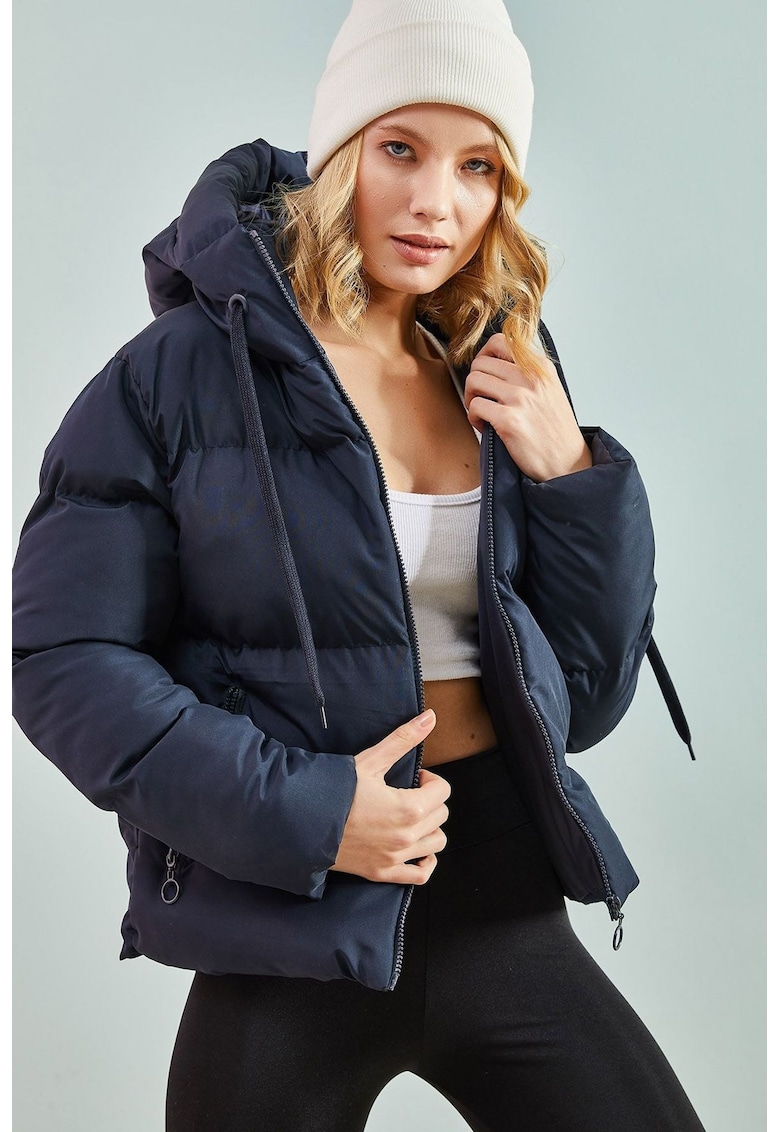 Palton dama cu gluga - captusit - bleumarin - bumbac -