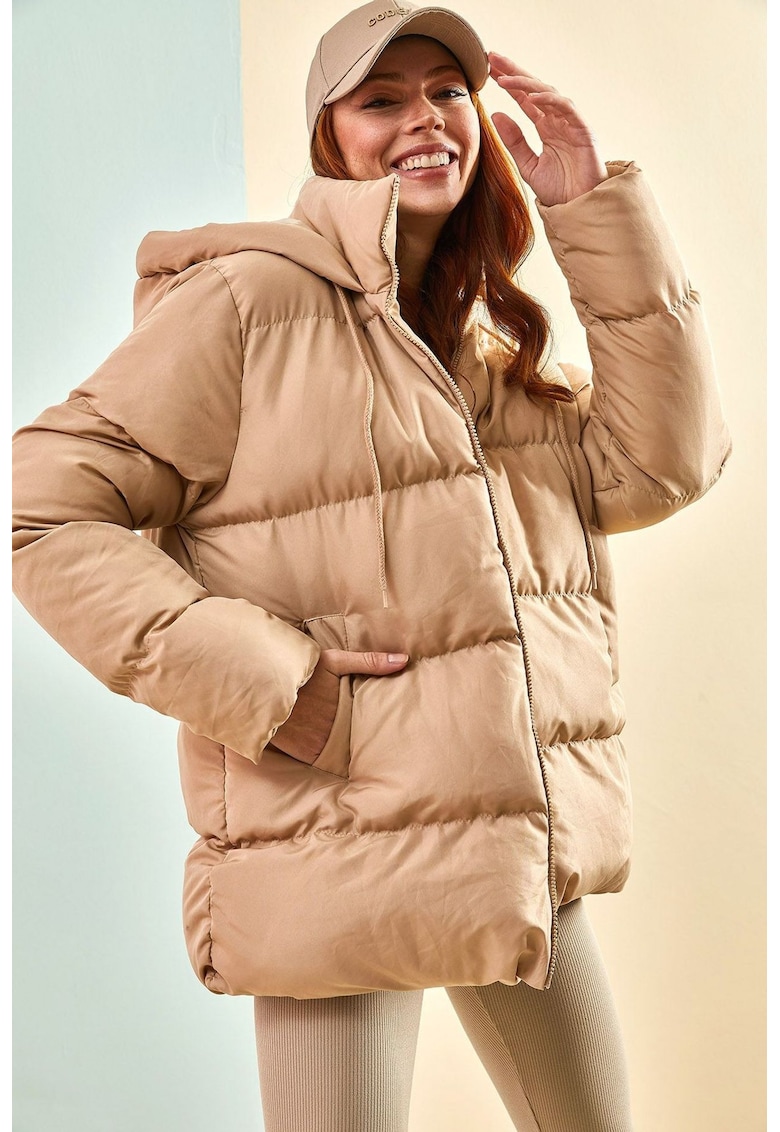 Geaca groasa cu gluga matlasata - textil - bej -