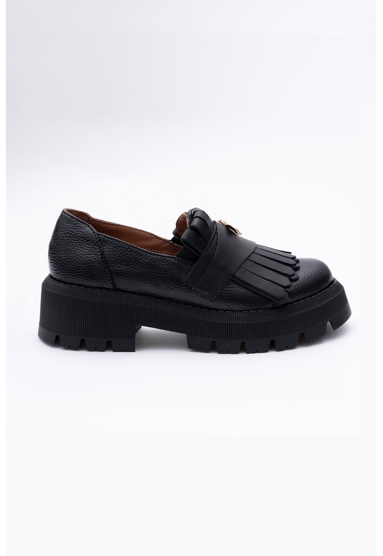 Pantofi loafer de piele cu toc masiv - Negru