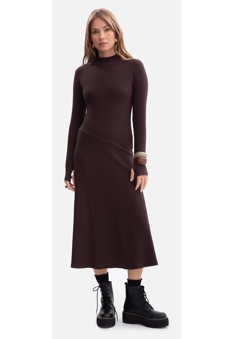 Rochie midi - B299 Ciocolata neagra Tricot cu dungi - top mulat - evazat la baza - maneci lungi cu orificii pentru degete - top cu guler inalt - fara inchizatoare