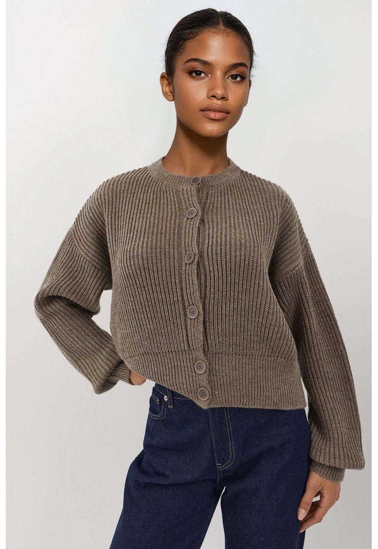 Pulover dama -  cardigan texturat - guler rotund - maneca lunga - maro melanj - tricot