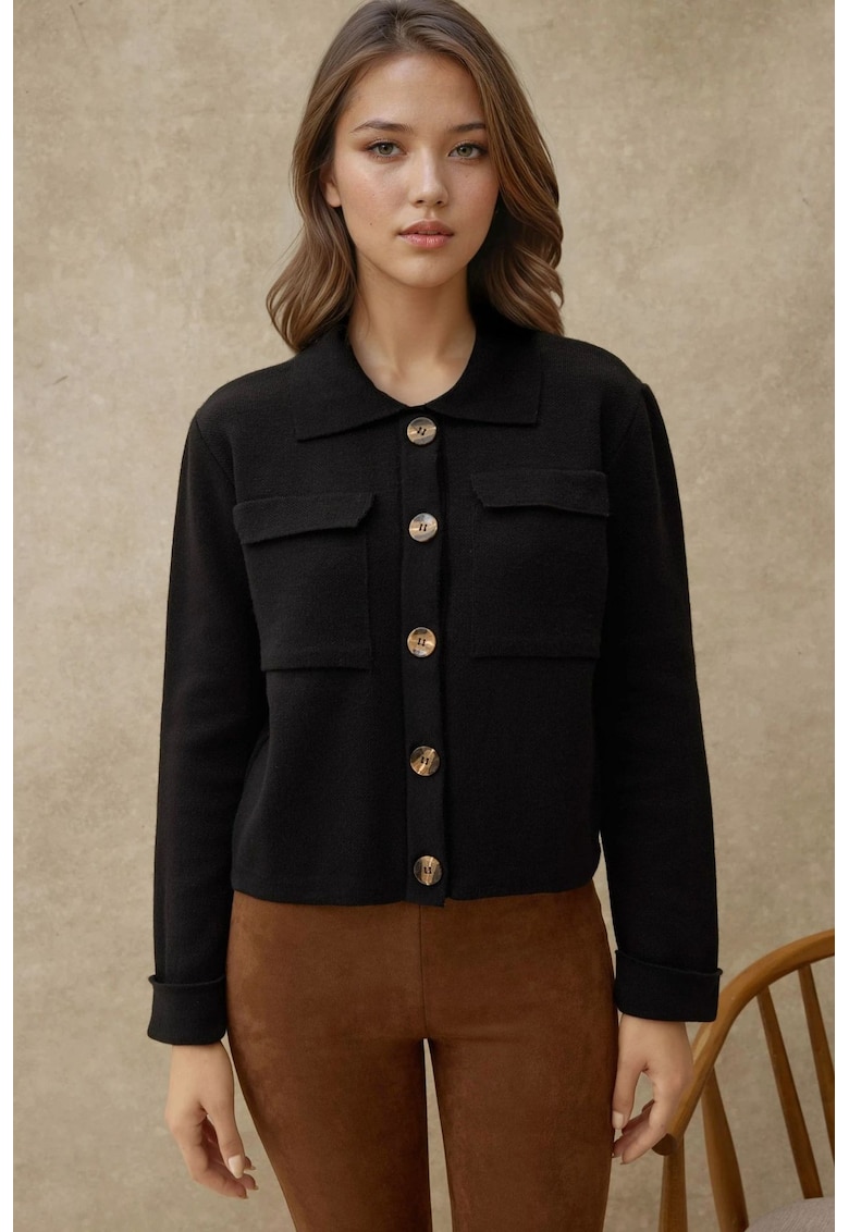 Cardigan - cu nasturi si buzunare - negru - acril