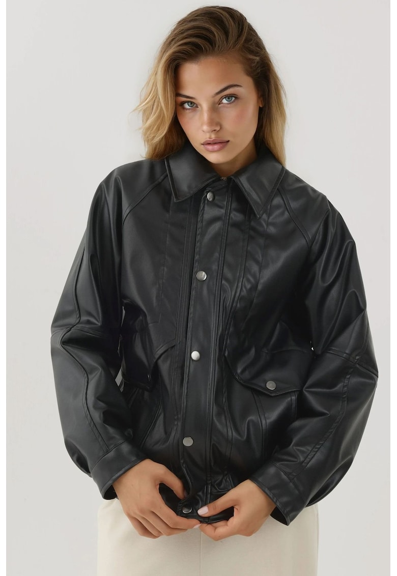 Jacheta supradimensionata dama - din piele ecologica - cu buzunare - negru