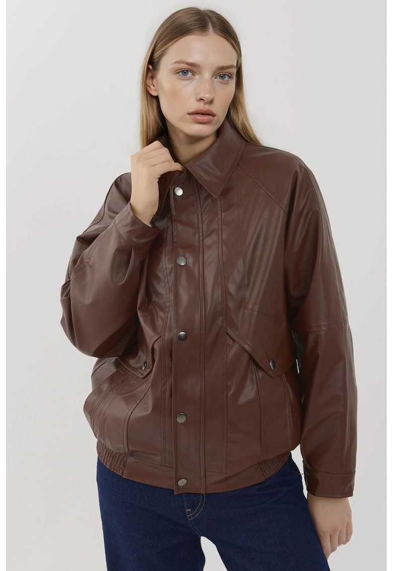 Jacheta supradimensionata dama - din piele ecologica - cu buzunare - visiniu