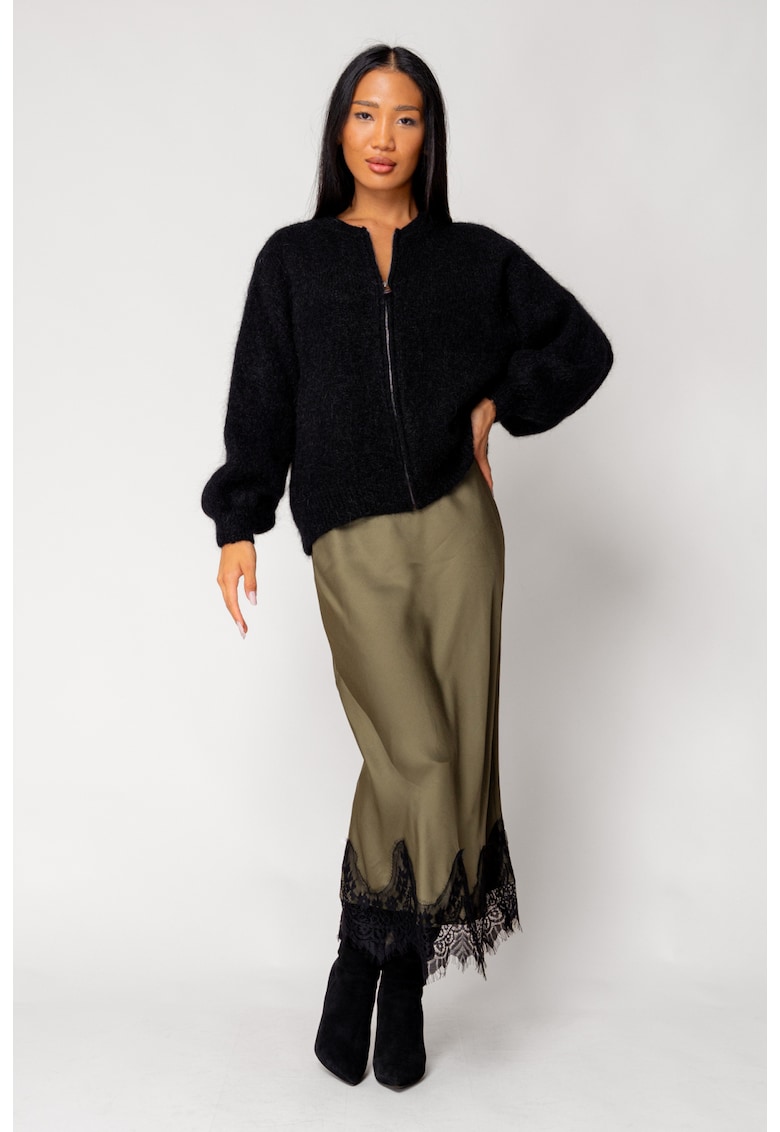Pulover cu fermoar mix de lana si mohair Black 18270 - Negru
