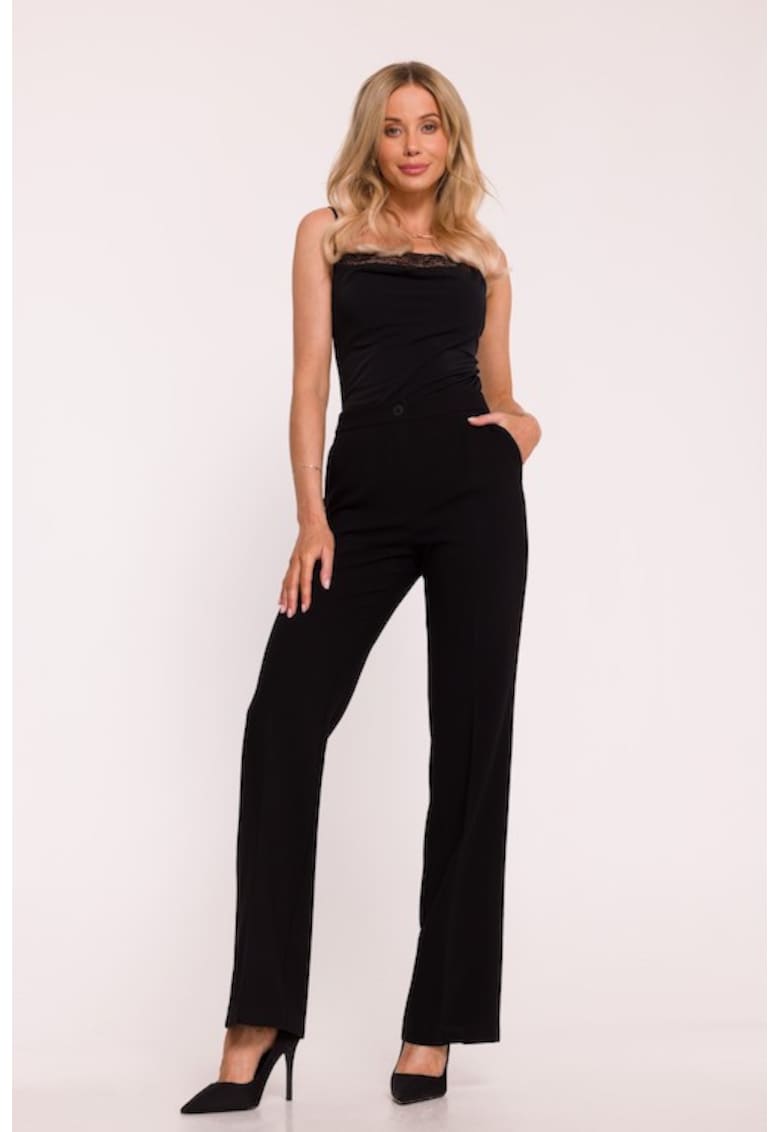 Pantaloni pentru femei - S418 Negru L - Pantaloni de costum - Talie medie - Picioare drepte - Buzunare laterale - Inchizatoare cu nasture si fermoar ascuns