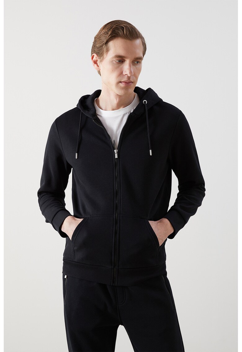 Hanorac cu fermoar si buzunare oblice - Negru/Argintiu