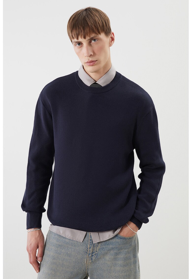 Pulover de bumbac cu decolteu la baza gatului - Albastru indigo