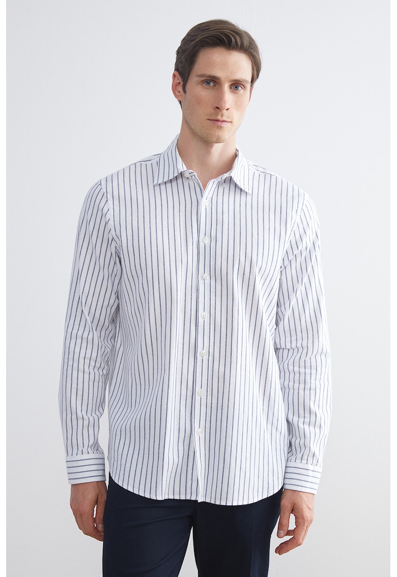 Camasa din bumbac cu model in dungi si guler clasic