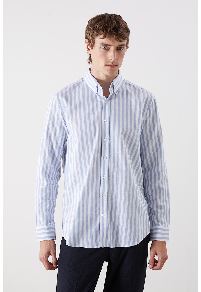 Camasa din bumbac cu maneci lungi si model in dungi