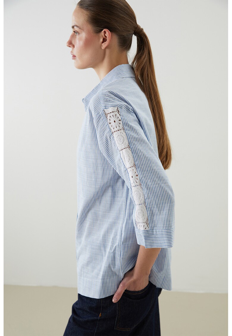 Camasa de bumbac cu maneci trei sferturi - Alb/Albastru pastel