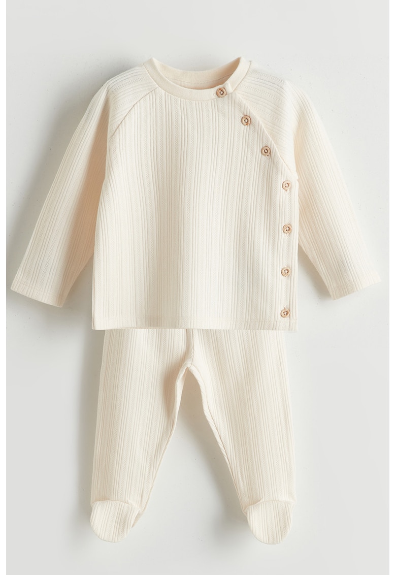 Set de bluza si pantaloni de bumbac cu decolteu la baza gatului - 2 piese