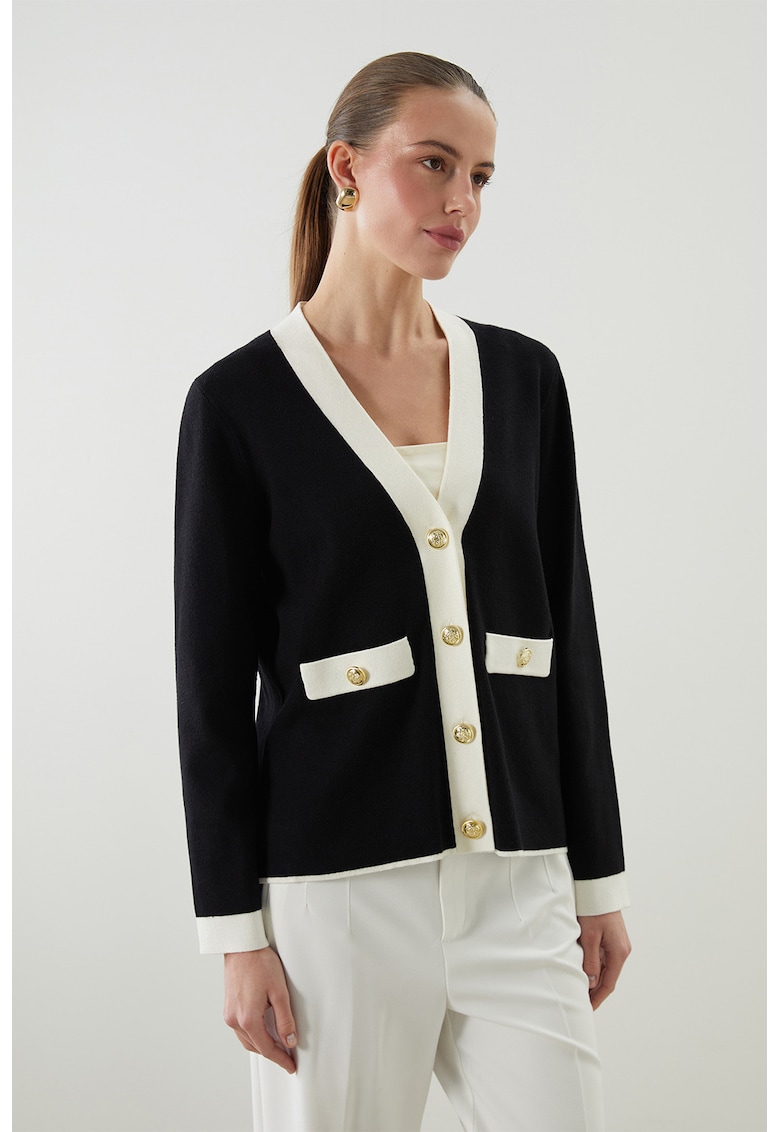 Cardigan cu decolteu in V si garnituri contrastante