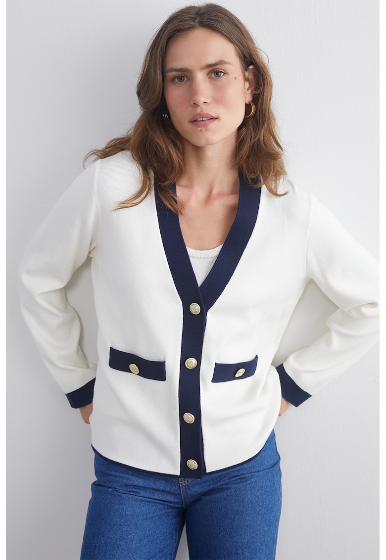 Cardigan cu decolteu in V si garnituri contrastante