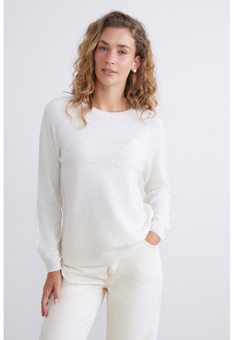 Pulover cu broderie florala si maneci raglan