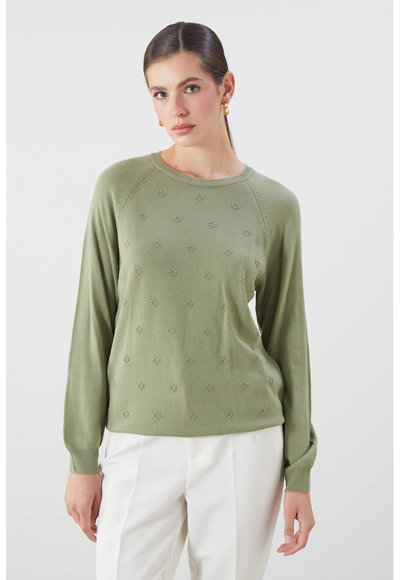 Pulover cu broderie florala si maneci raglan - Verde sparanghel