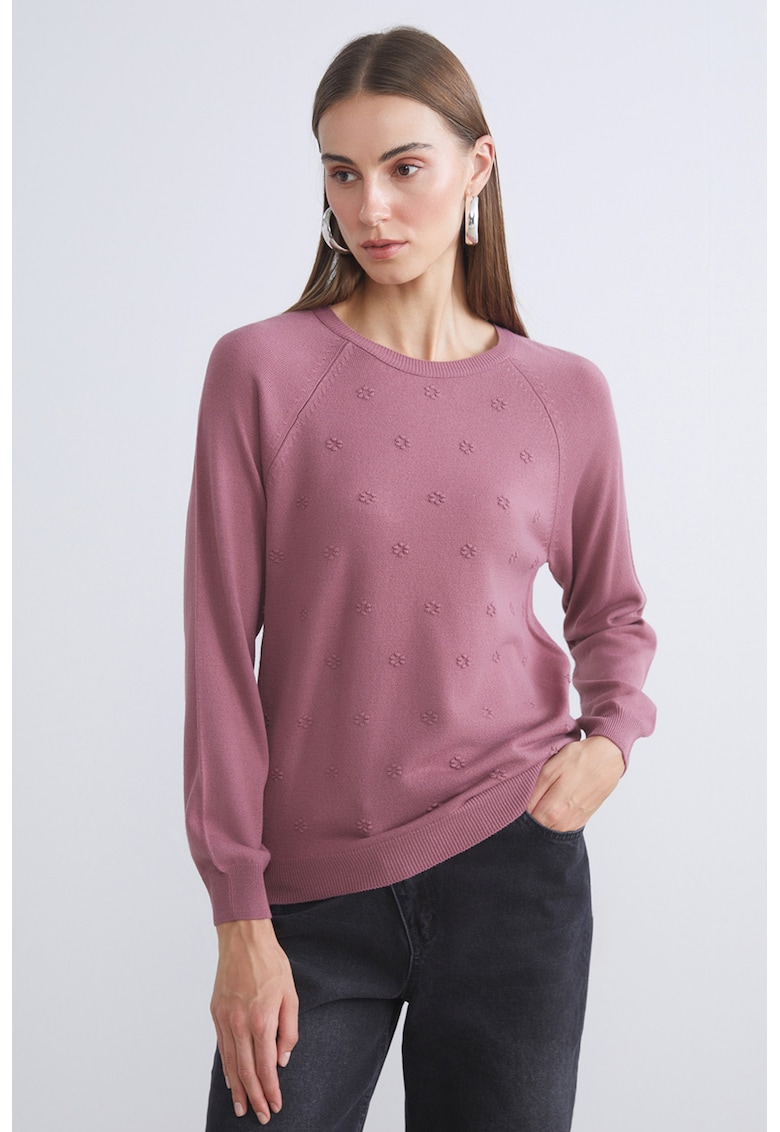 Pulover cu broderie florala si maneci raglan