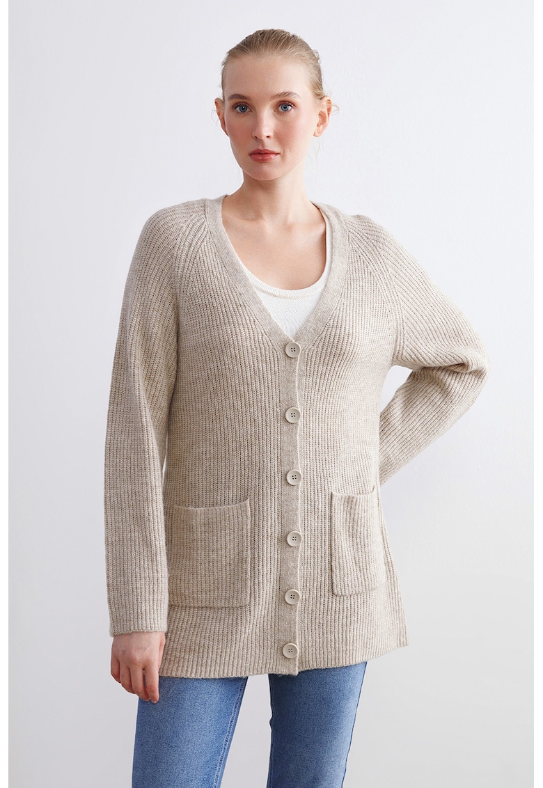 Cardigan tricotat cu decolteu in V - Maro nisip