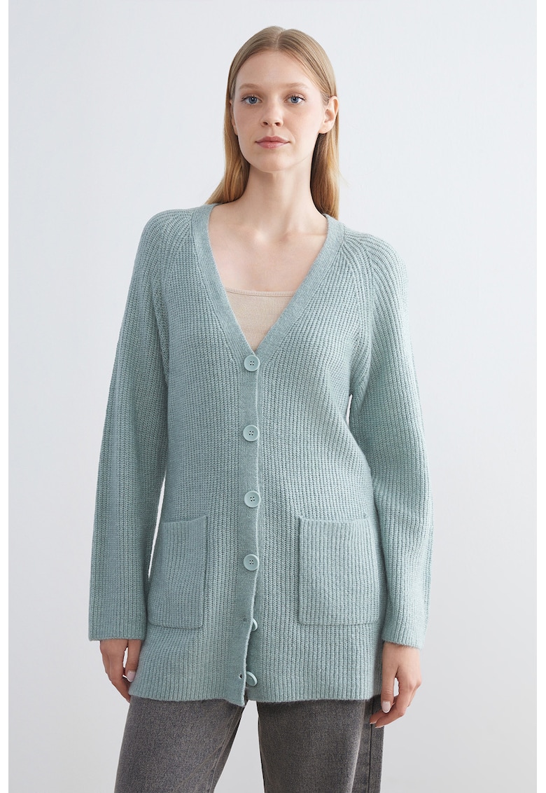 Cardigan tricotat cu decolteu in V - Albastru deschis