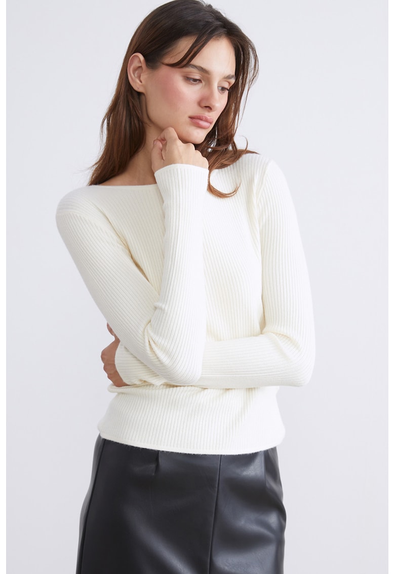 Pulover striat slim fit cu decolteu rotund - Alb fildes