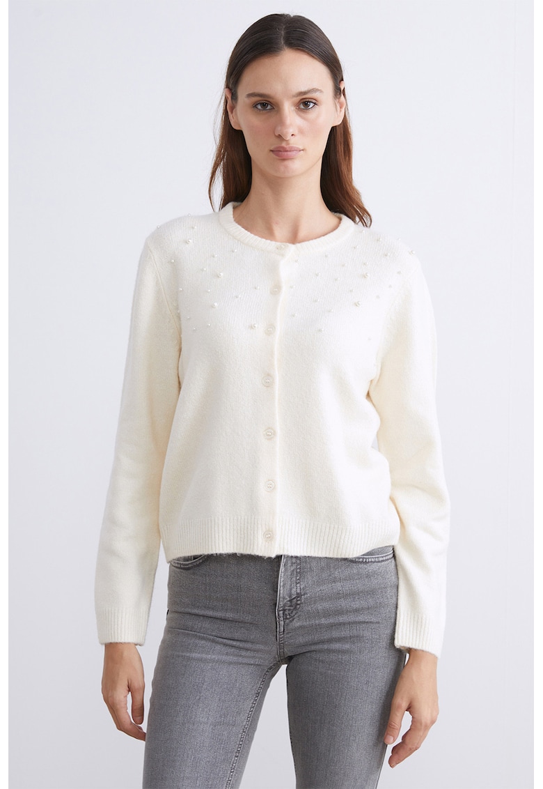 Cardigan cu nasturi si perle sintetice - Alb