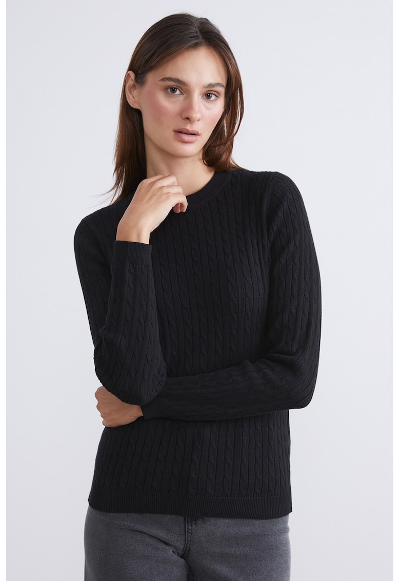 Pulover cu decolteu la baza gatului si model torsade - Negru