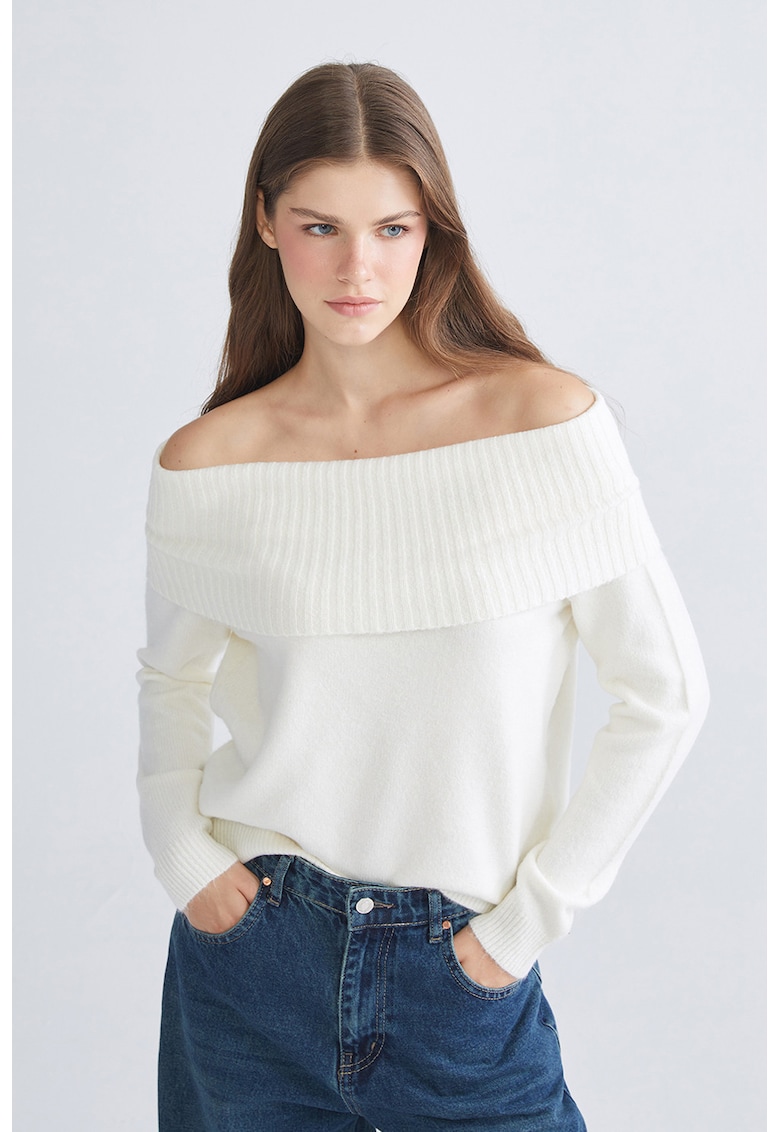 Pulover cu decolteu pe umeri si garnituri striate - Alb fildes