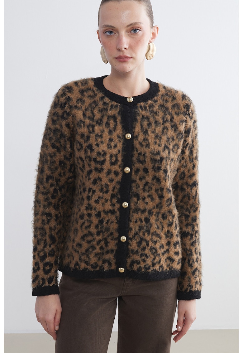 Cardigan cu animal print si nasturi - Maro inchis/Caramel
