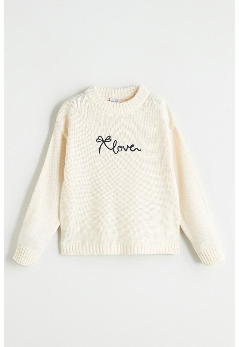 Pulover cu decolteu la baza gatului si broderii - Negru stins/Alb murdar