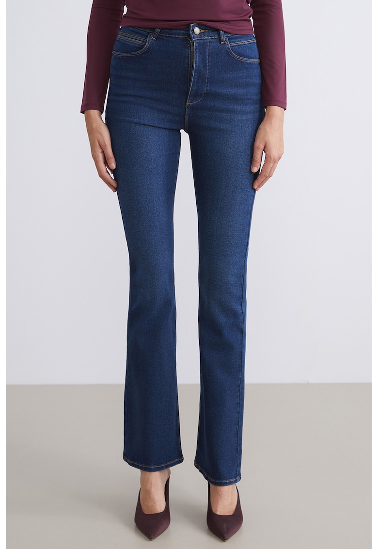 Blugi evazati cu talie inalta - Albastru inchis