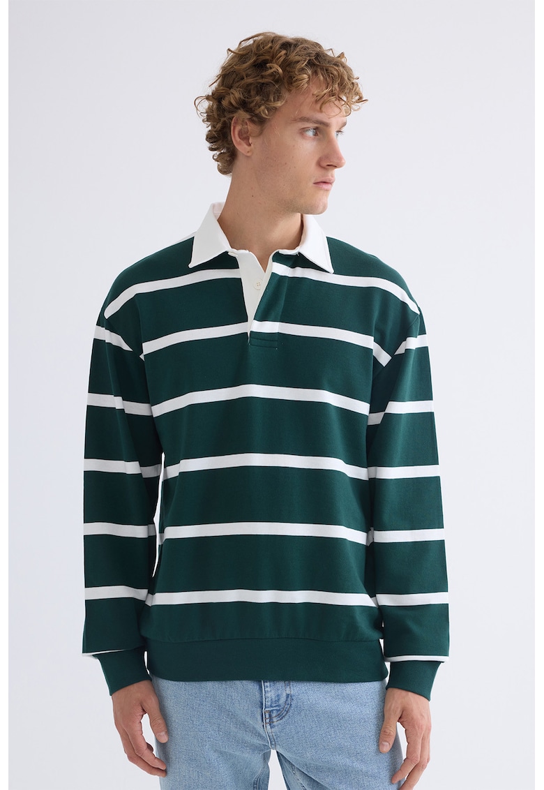 Bluza polo cu dungi - Alb/Verde inchis