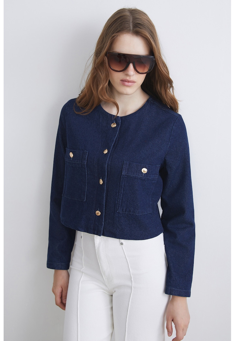 Cardigan de bumbac cu buzunare pe piept - Albastru inchis