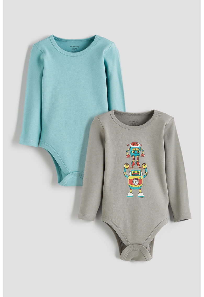 Set de body-uri cu maneci lungi si imprimeu - 2 piese - Albastru aquamarin/Gri cenusiu