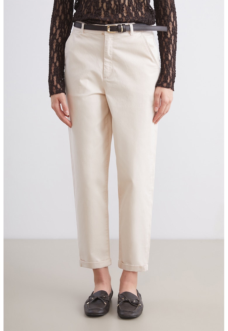 Pantaloni crop cu croiala dreapta si curea in talie