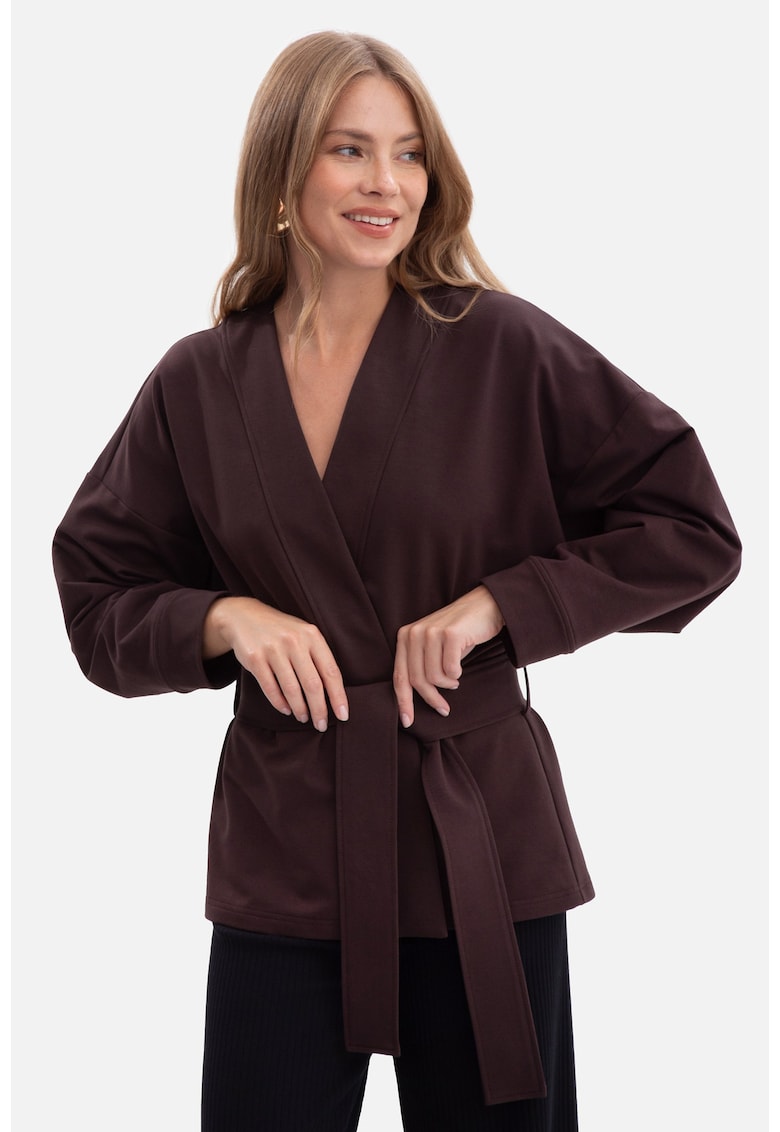 Sacou - B297 ciocolata neagra bumbac - croiala lejera - talie cu curea - maneci lungi - stil casual - model kimono - lungime pana la sold - fara guler superior