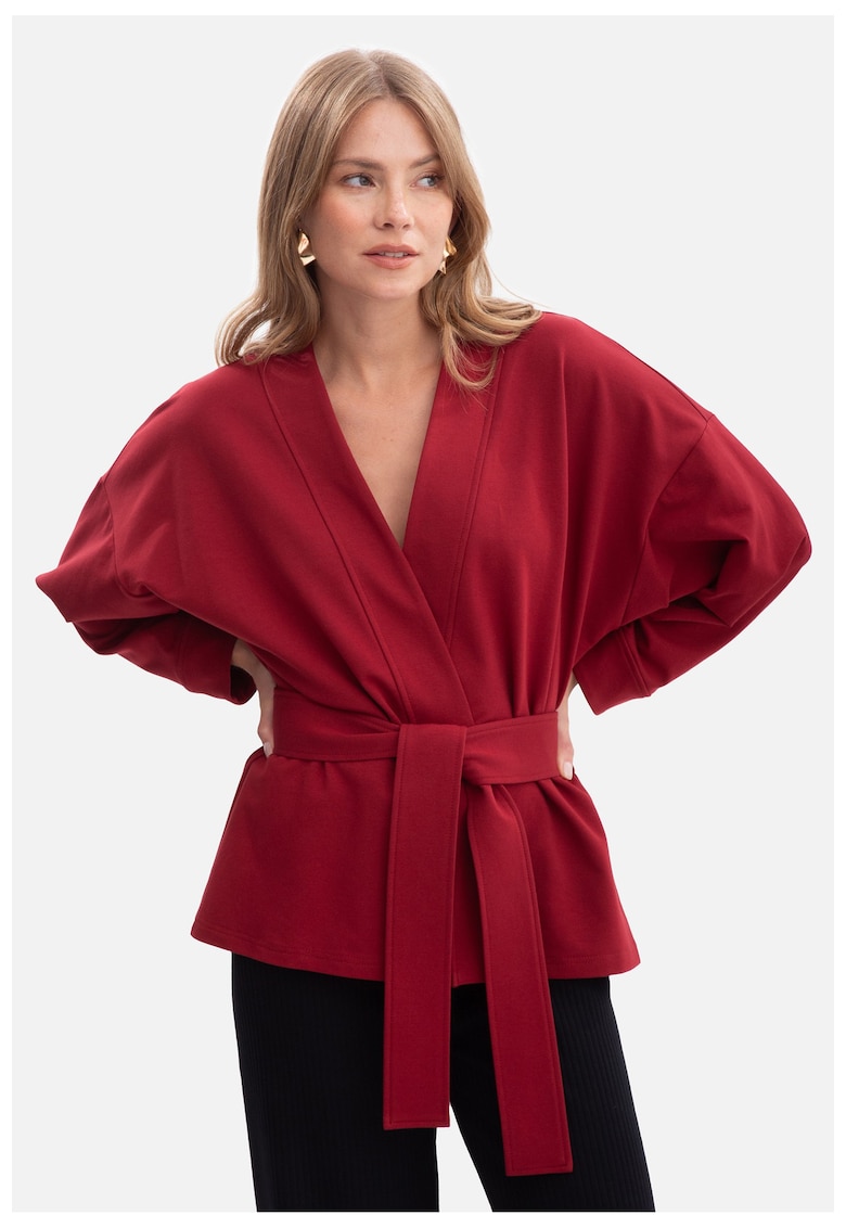 Sacou - B297 Bordeaux bumbac - croiala lejera - talie cu curea - maneci lungi - stil casual - model kimono - lungime pana la sold - fara guler superior