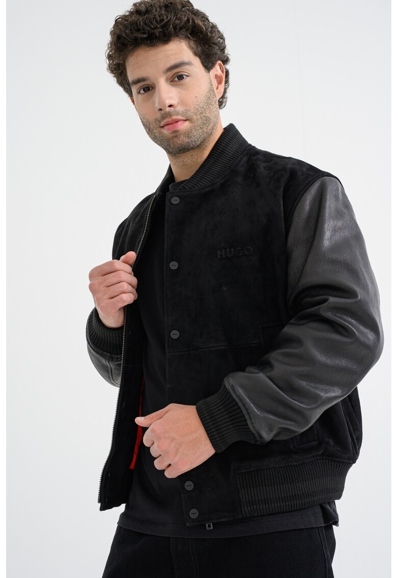 Jacheat bomber de piele intoarsa cu maneci de piele