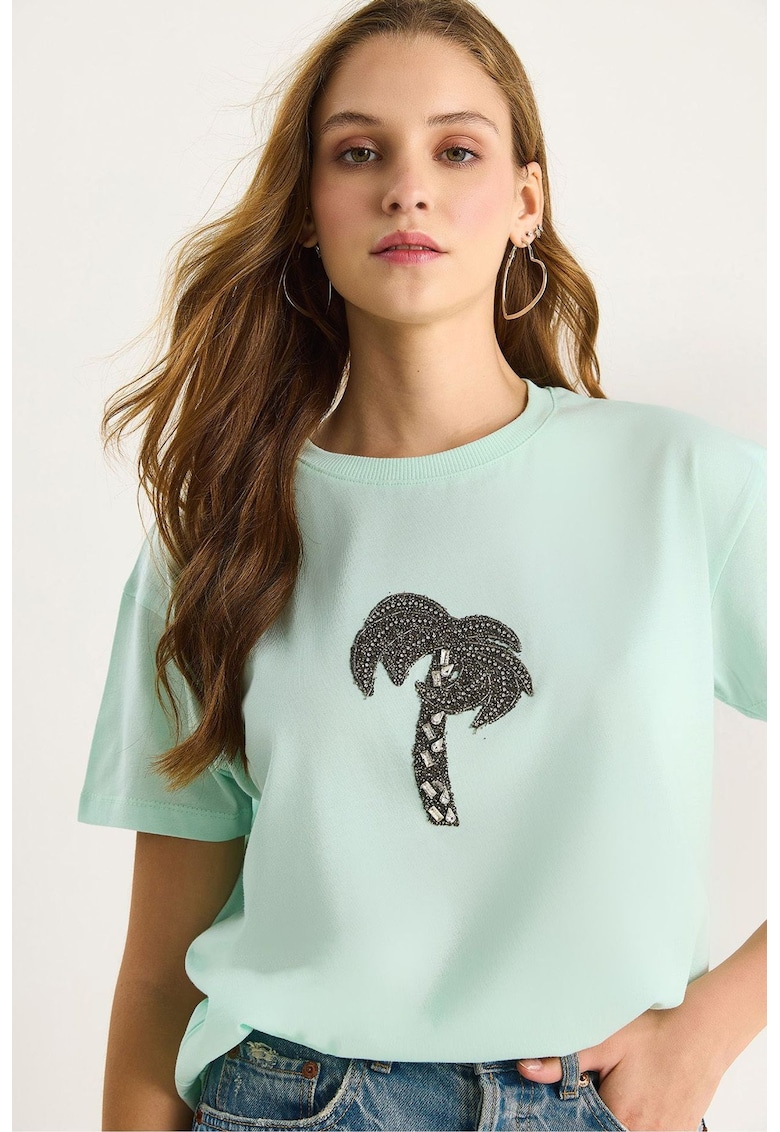 Tricou dama  scurt - guler rotund - verde menta - bumbac -