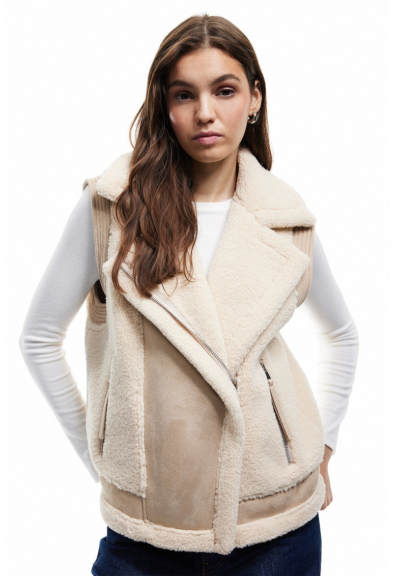 Vesta de piele intoarsa ecologica cu garnituri de blana sintetica